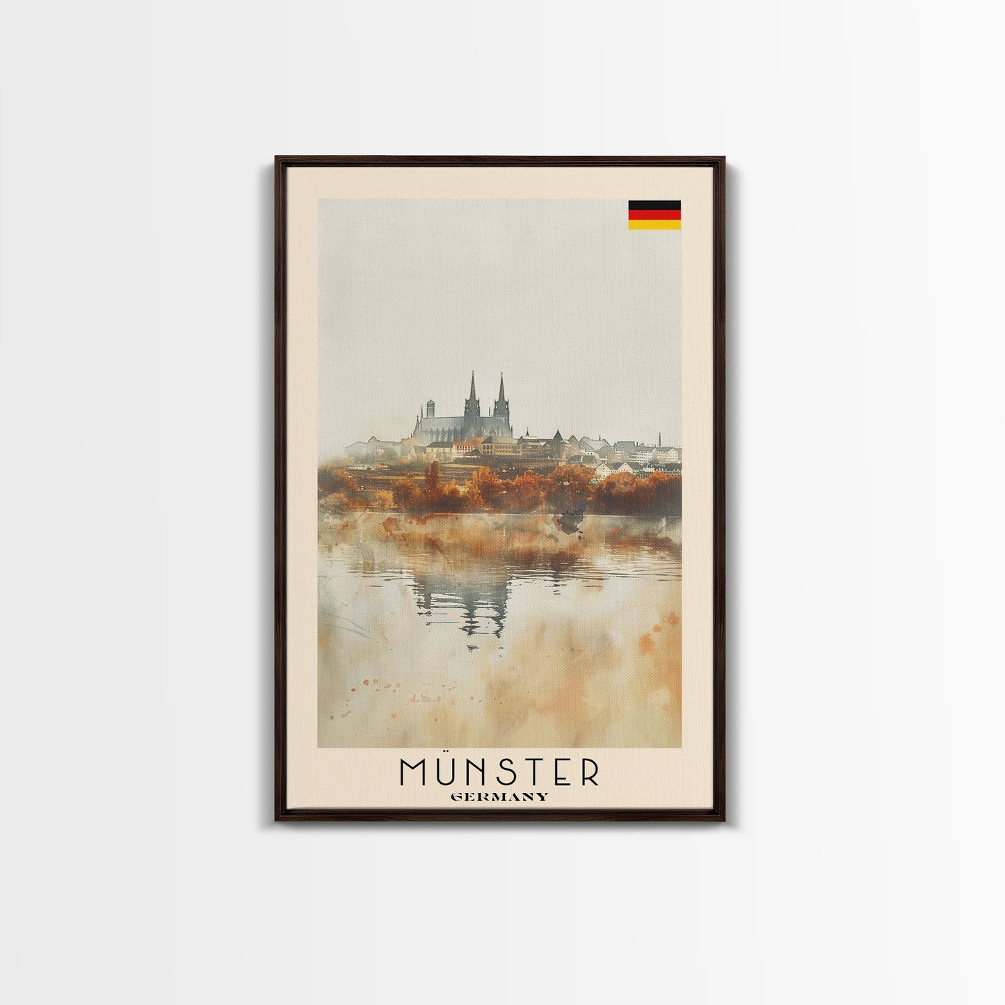 Münster Germany Travel Poster Framed Canvas Print, Historic Architecture, Watercolor Painting, Wall Art, Interior Design, Travel Print, Unique Art