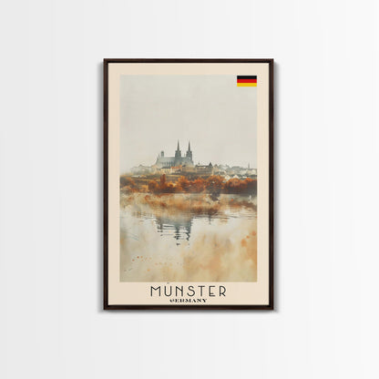 Münster Germany Travel Poster Framed Canvas Print, Historic Architecture, Watercolor Painting, Wall Art, Interior Design, Travel Print, Unique Art