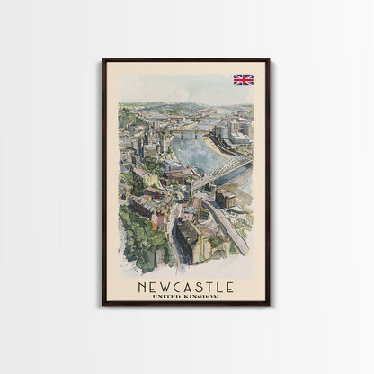 Newcastle United Kingdom Framed Canvas Print, Urban Travel Poster, Watercolor Painting, Cityscape Wall Art, Home Decor, Unique Art