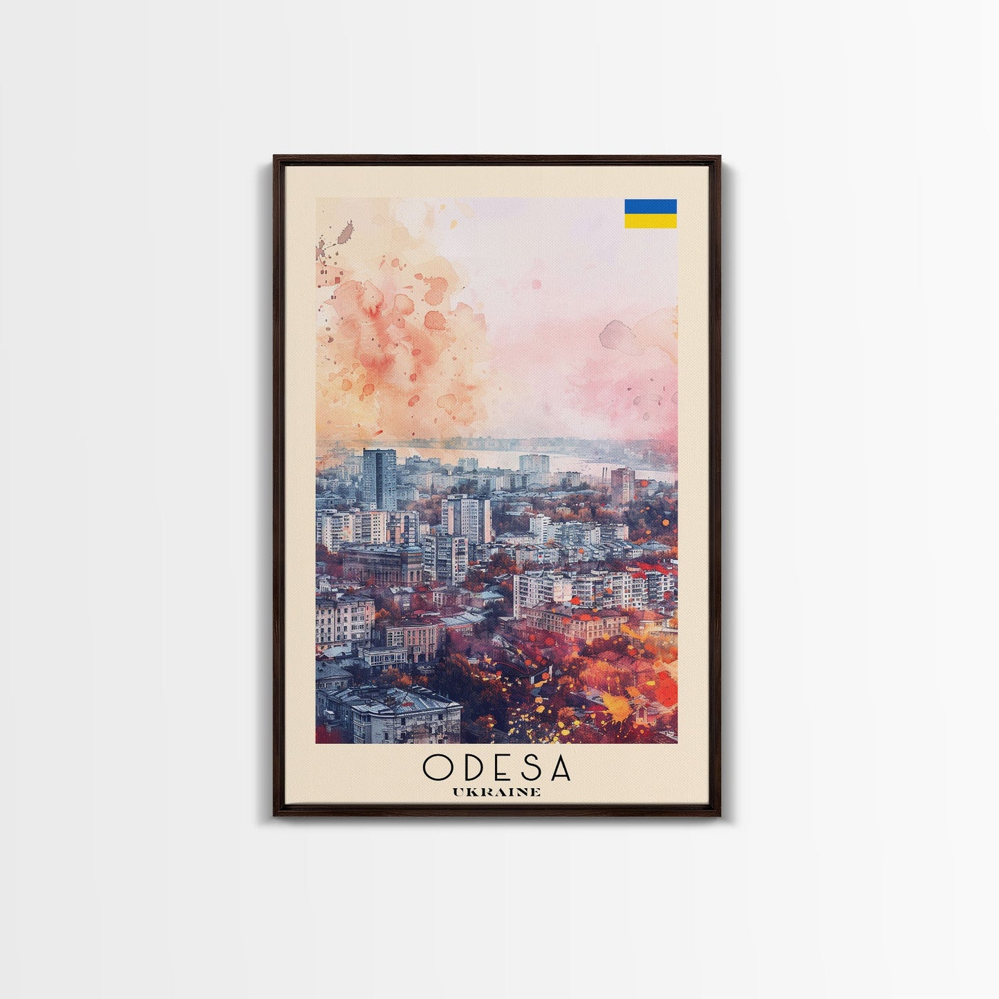 Odesa Ukraine Travel Poster Framed Canvas Print, Watercolor Painting, Scenic Wall Art, Home Decor, Ukrainian Coastal Scene, Vibrant Art