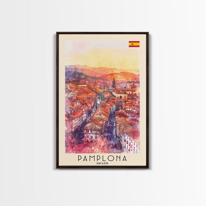 Pamplona Spain Travel Poster Framed Canvas Print, Watercolor Painting, Urban Wall Art, Home Decor, Spanish Architecture, Classic Art