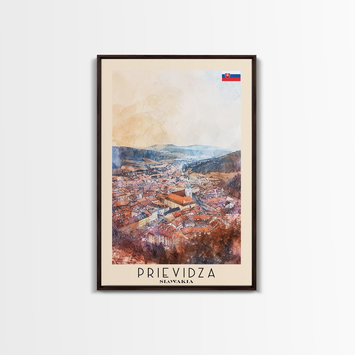Prievidza Slovakia Travel Poster Framed Canvas Print, Watercolor Painting, Scenic Wall Art, Home Decor, Slovakian Landscape, Modern Art