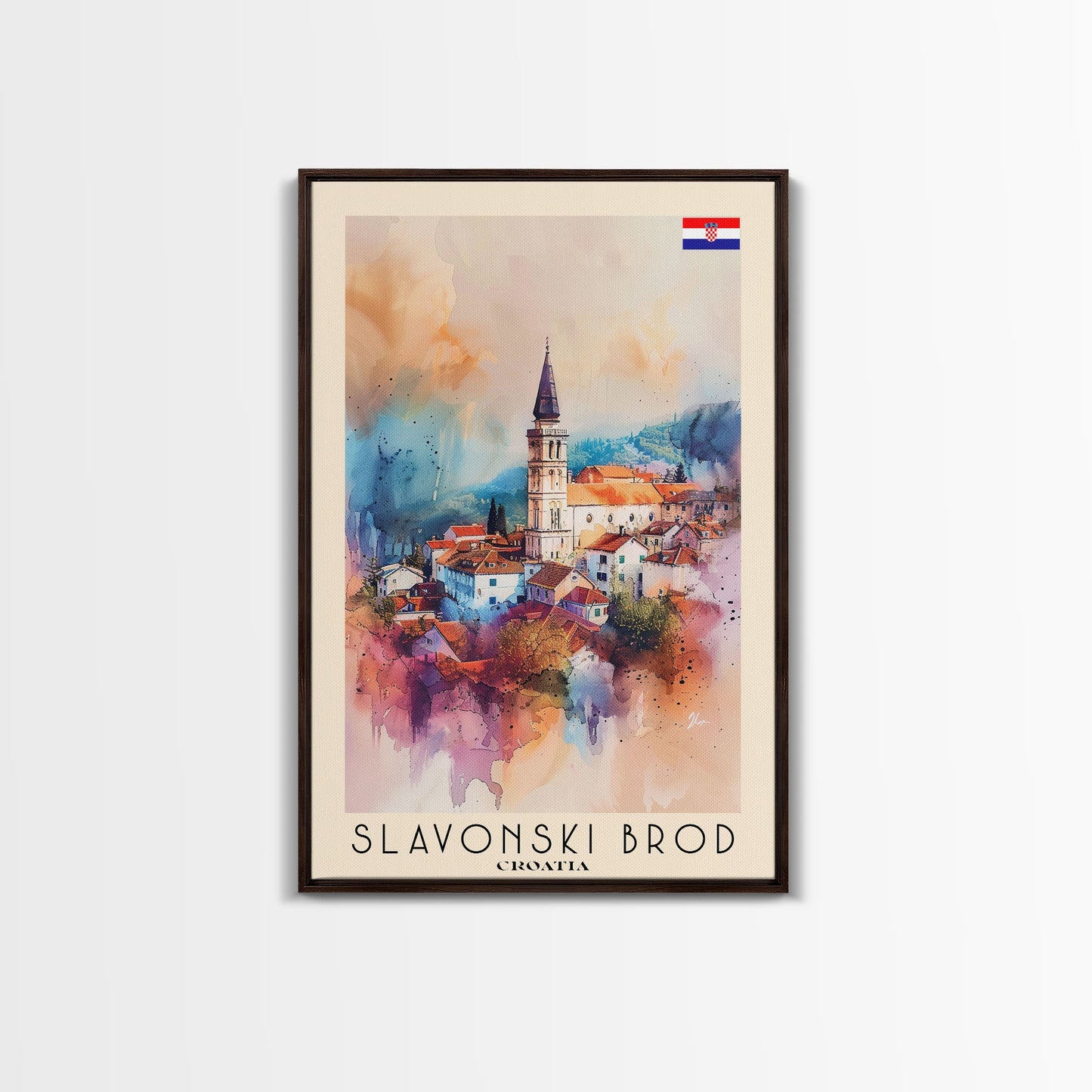 Slavonski Brod Croatia Travel Poster Framed Canvas Print, Watercolor Painting, Scenic Wall Art, Home Decor, Croatian Cityscape, Classic Art
