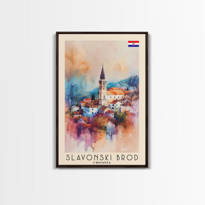 Slavonski Brod Croatia Travel Poster Framed Canvas Print, Watercolor Painting, Scenic Wall Art, Home Decor, Croatian Cityscape, Classic Art