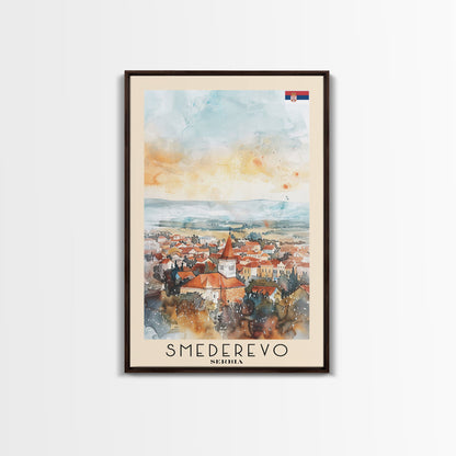 Smederevo Serbia Travel Poster Framed Canvas Print, Watercolor Painting, Scenic Wall Art, Home Decor, Serbian Cityscape, Modern Art