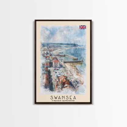Swansea United Kingdom Travel Poster Framed Canvas Print, Watercolor Painting, Coastal Wall Art, Home Decor, British Seaside, Nautical Art