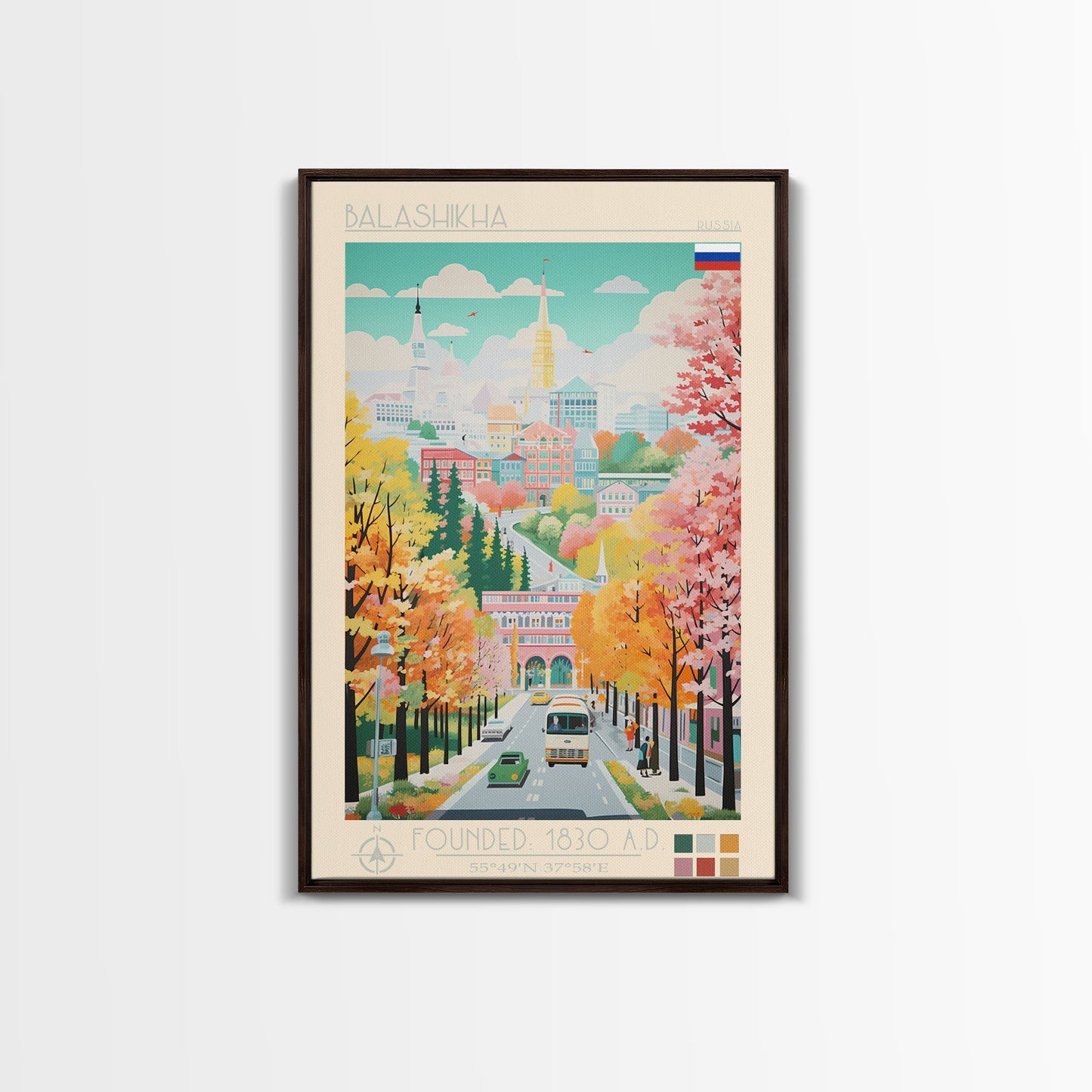 Balashikha Russia Travel Poster Framed Canvas Print, Midcentury Modern Art, Pop Art Wall Decor, Home Decor, Vacation Gift, Living Room Art