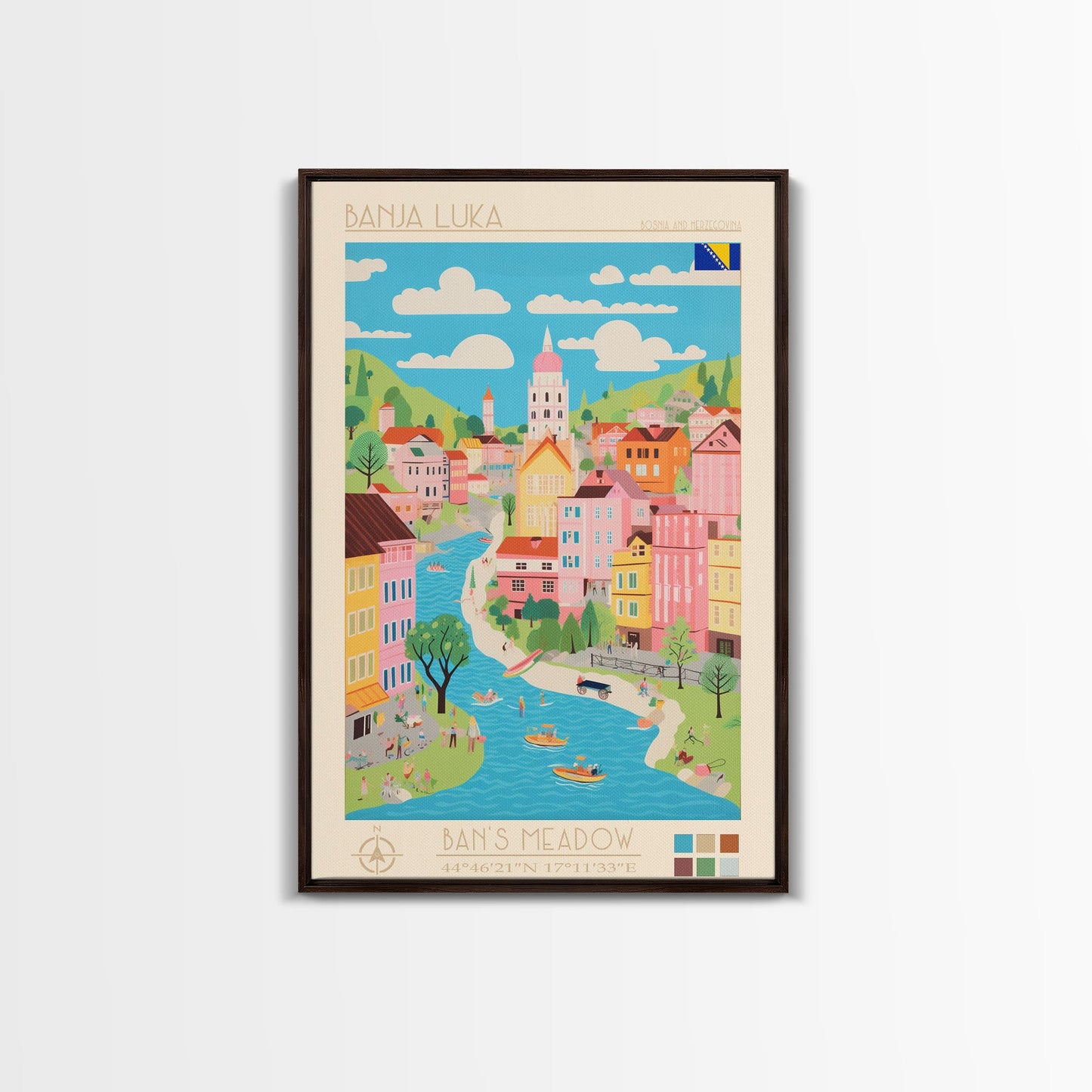 Banja Luka Bosnia Travel Poster Framed Canvas Print, Midcentury Modern Art, Pop Art Wall Decor, Home Decor, Vacation Gift, Living Room Art