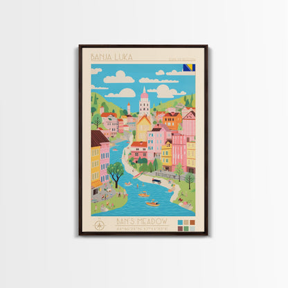 Banja Luka Bosnia Travel Poster Framed Canvas Print, Midcentury Modern Art, Pop Art Wall Decor, Home Decor, Vacation Gift, Living Room Art