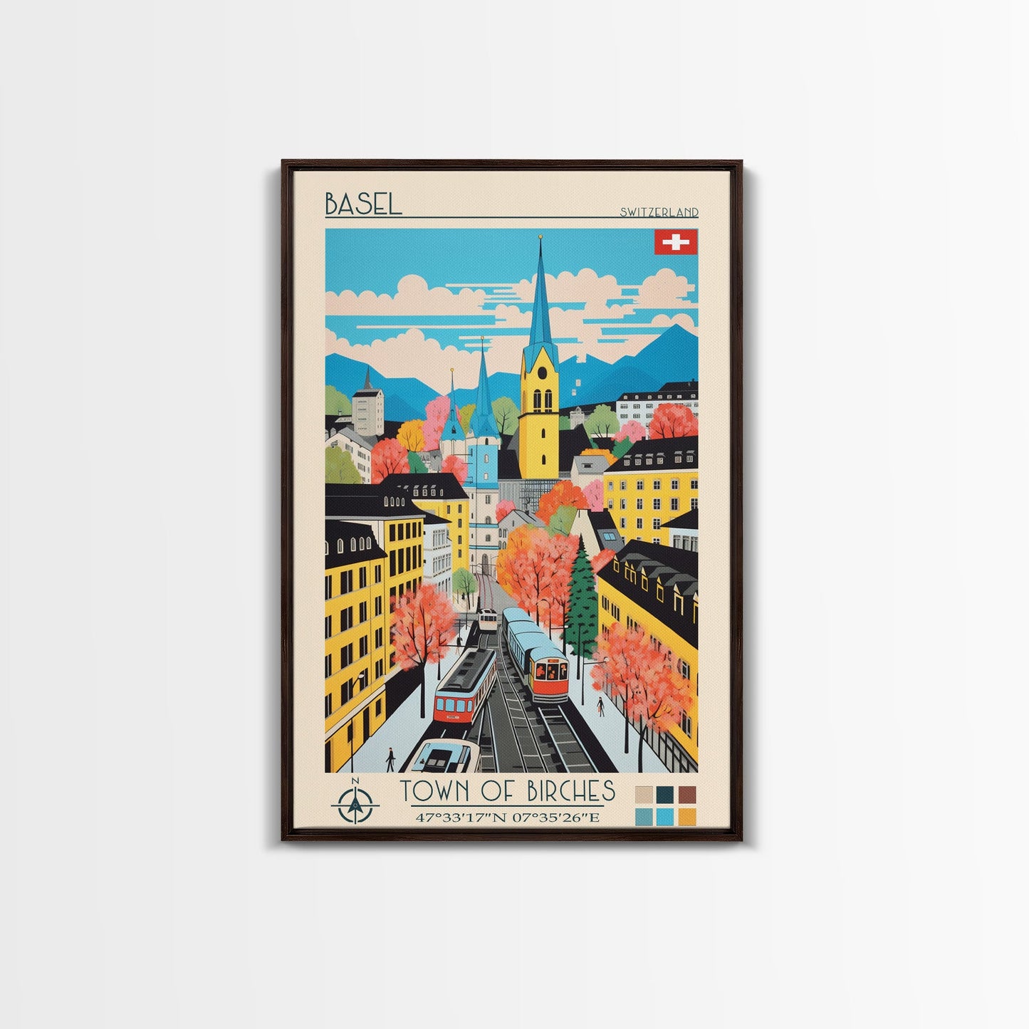 Basel Switzerland Travel Poster Framed Canvas Print, Midcentury Modern Art, Pop Art Wall Decor, Home Decor, Vacation Gift, Living Room Art