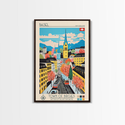 Basel Switzerland Travel Poster Framed Canvas Print, Midcentury Modern Art, Pop Art Wall Decor, Home Decor, Vacation Gift, Living Room Art