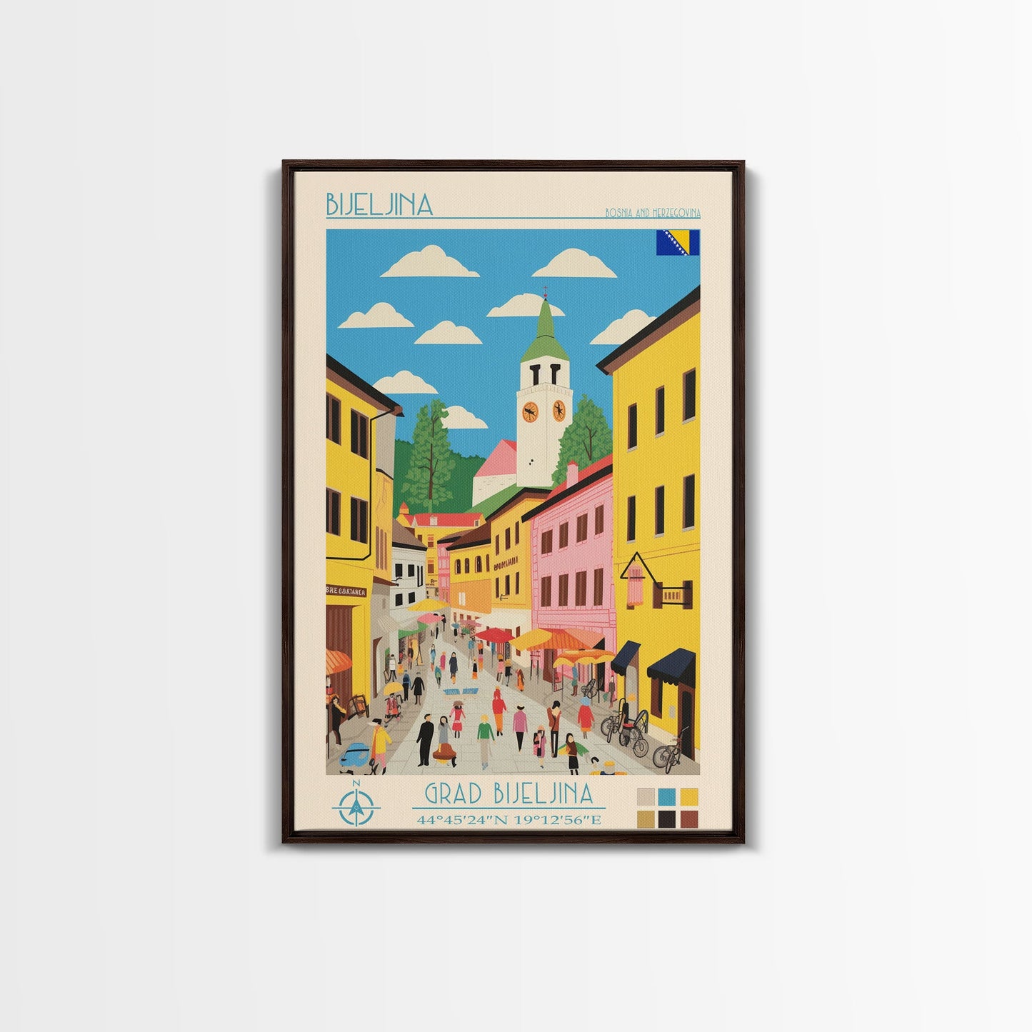 Bijeljina Bosnia Travel Poster Framed Canvas Print, Midcentury Modern Art, Pop Art Wall Decor, Home Decor, Living Room Art, Unique Gift