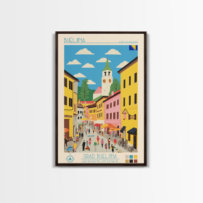 Bijeljina Bosnia Travel Poster Framed Canvas Print, Midcentury Modern Art, Pop Art Wall Decor, Home Decor, Living Room Art, Unique Gift