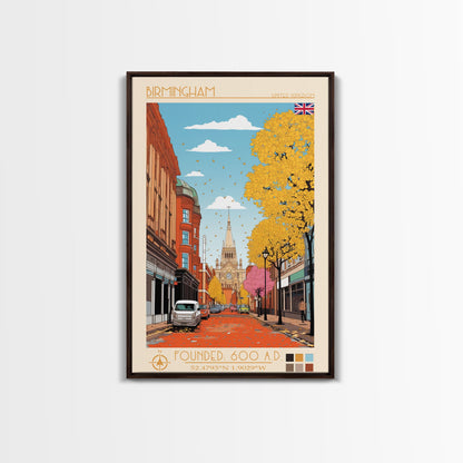 Birmingham UK Travel Poster Framed Canvas Print, Midcentury Modern Art, Pop Art Wall Decor, Home Decor, Living Room Decoration