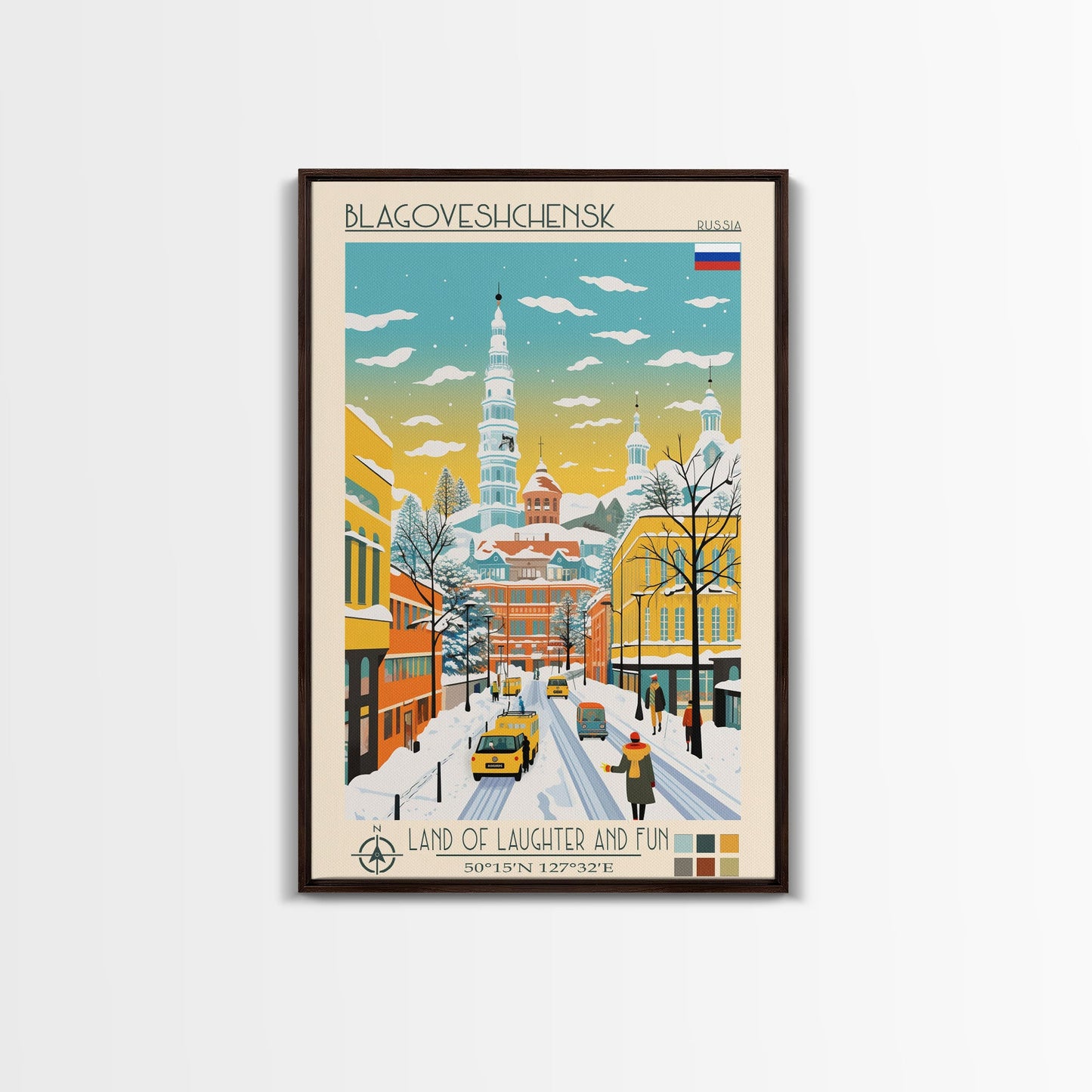 Blagoveshchensk Russia Travel Poster Framed Canvas Print, Midcentury Modern Art, Pop Art Home Decor, Scenic Wall Art, Unique Gift