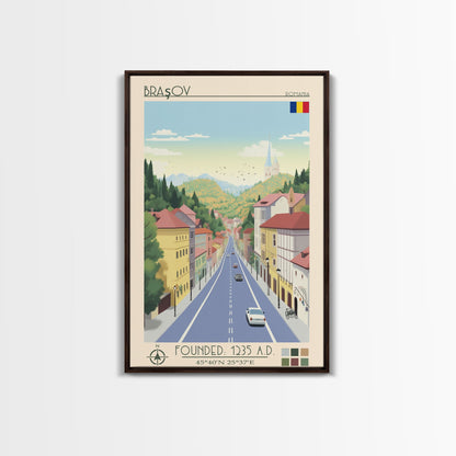 Brașov Romania Travel Poster Framed Canvas Print, Midcentury Modern Art, Pop Art Wall Decor, Home Decor, Vacation Gift, Living Room Art