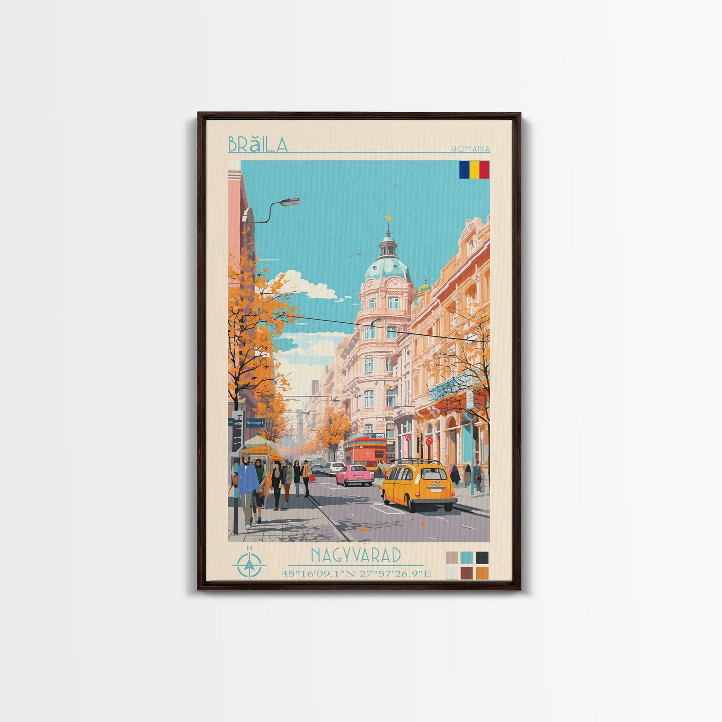 Brăila Romania Travel Poster Framed Canvas Print, Midcentury Modern Art, Pop Art Wall Decor, Home Decor, Vacation Gift, Living Room Art