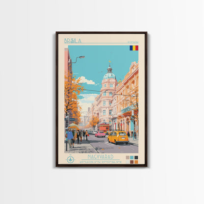 Brăila Romania Travel Poster Framed Canvas Print, Midcentury Modern Art, Pop Art Wall Decor, Home Decor, Vacation Gift, Living Room Art