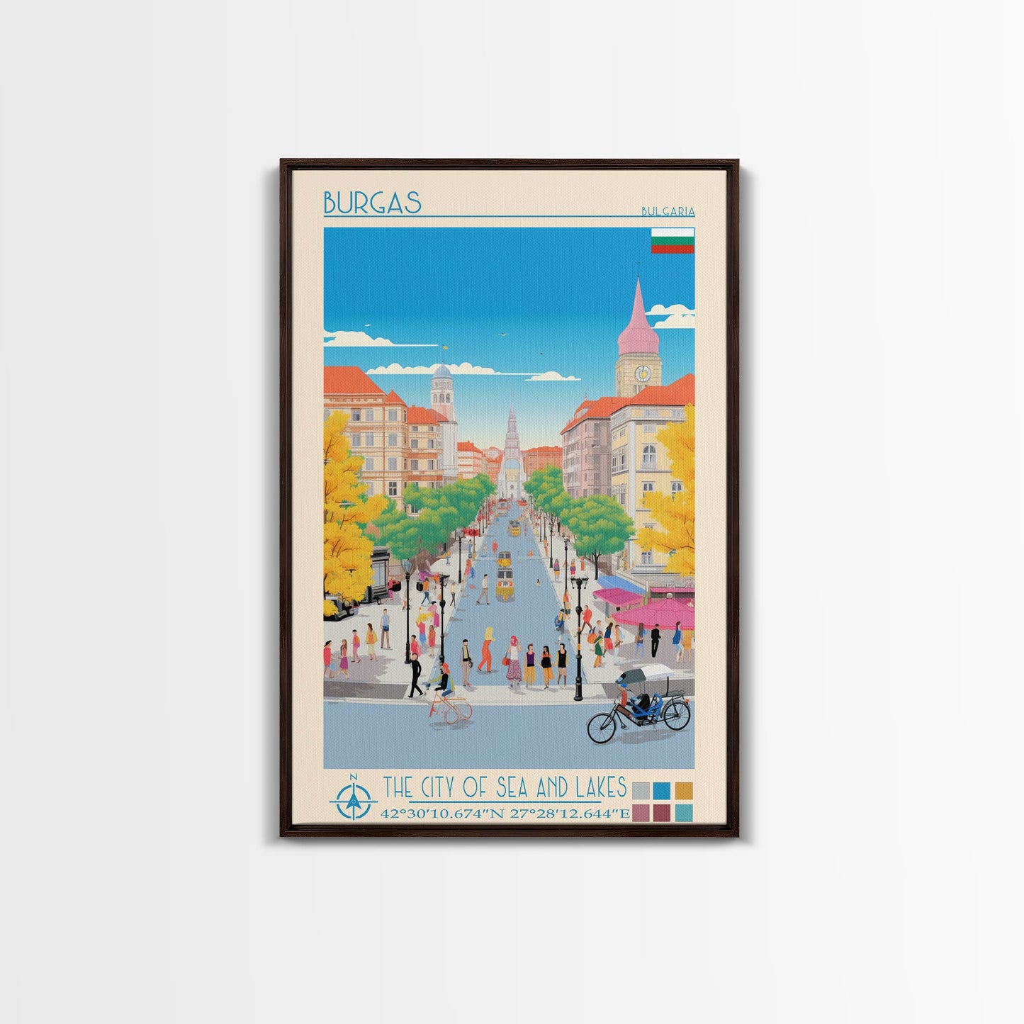 Burgas Bulgaria Travel Poster Framed Canvas Print, Midcentury Modern Art, Pop Art Wall Decor, Home Decor, Vacation Gift, Living Room Art