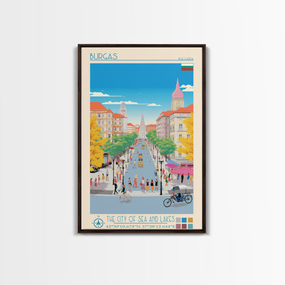 Burgas Bulgaria Travel Poster Framed Canvas Print, Midcentury Modern Art, Pop Art Wall Decor, Home Decor, Vacation Gift, Living Room Art