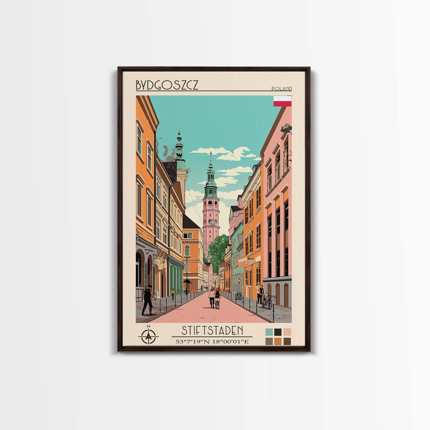 Bydgoszcz Poland Travel Poster Framed Canvas Print, Midcentury Modern Art, Pop Art Wall Decor, Home Decor, Vacation Gift, Living Room Art