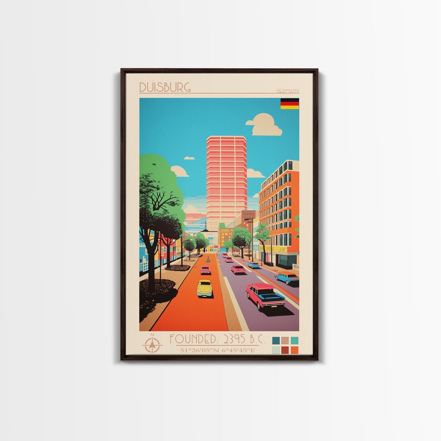 Duisburg Germany Travel Poster Framed Canvas Print, Midcentury Modern Art, Pop Art Wall Decor, Scenic Living Room Art, Bedroom Decor