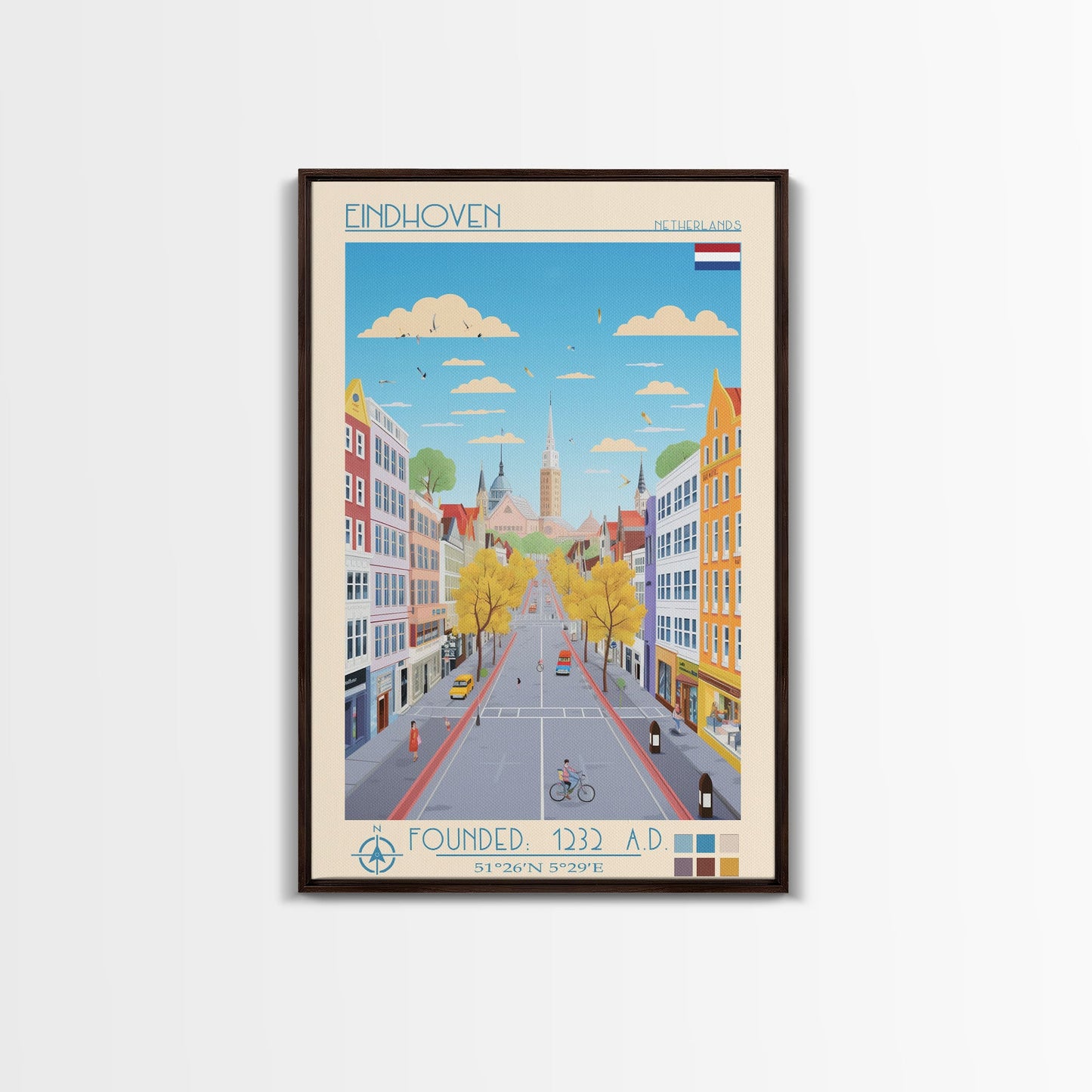Eindhoven Netherlands Travel Poster Framed Canvas Print, Midcentury Modern Art, Pop Art Wall Decor, Scenic Living Room Art, Bedroom Gift