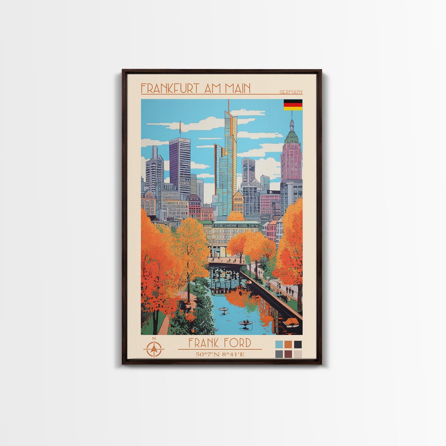 Frankfurt Germany Travel Poster Framed Canvas Print, Midcentury Modern Art, Pop Art Wall Decor, Scenic Wall Art, Living Room Decoration, Office Gift