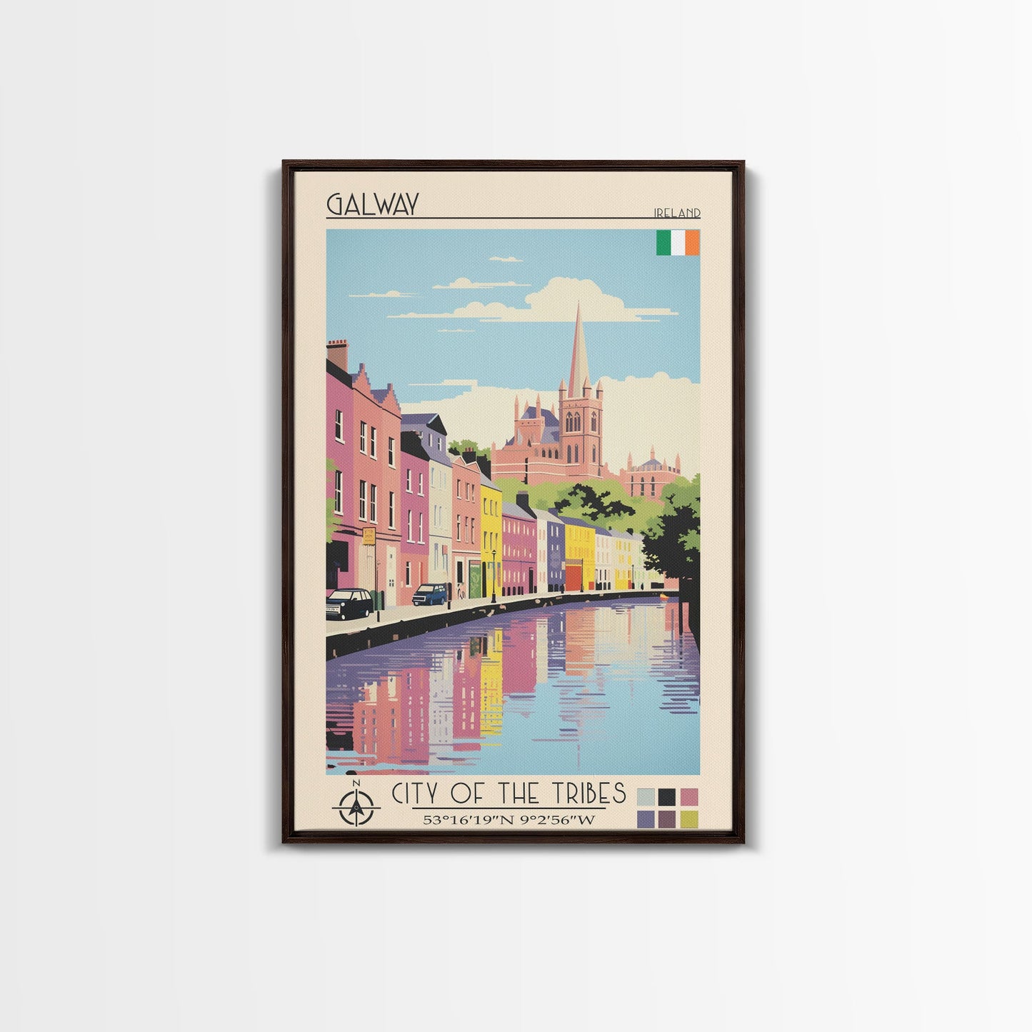 Galway Ireland Travel Poster Framed Canvas Print, Midcentury Modern Art, Pop Art Wall Decor, Scenic Bedroom Art, Office Decoration