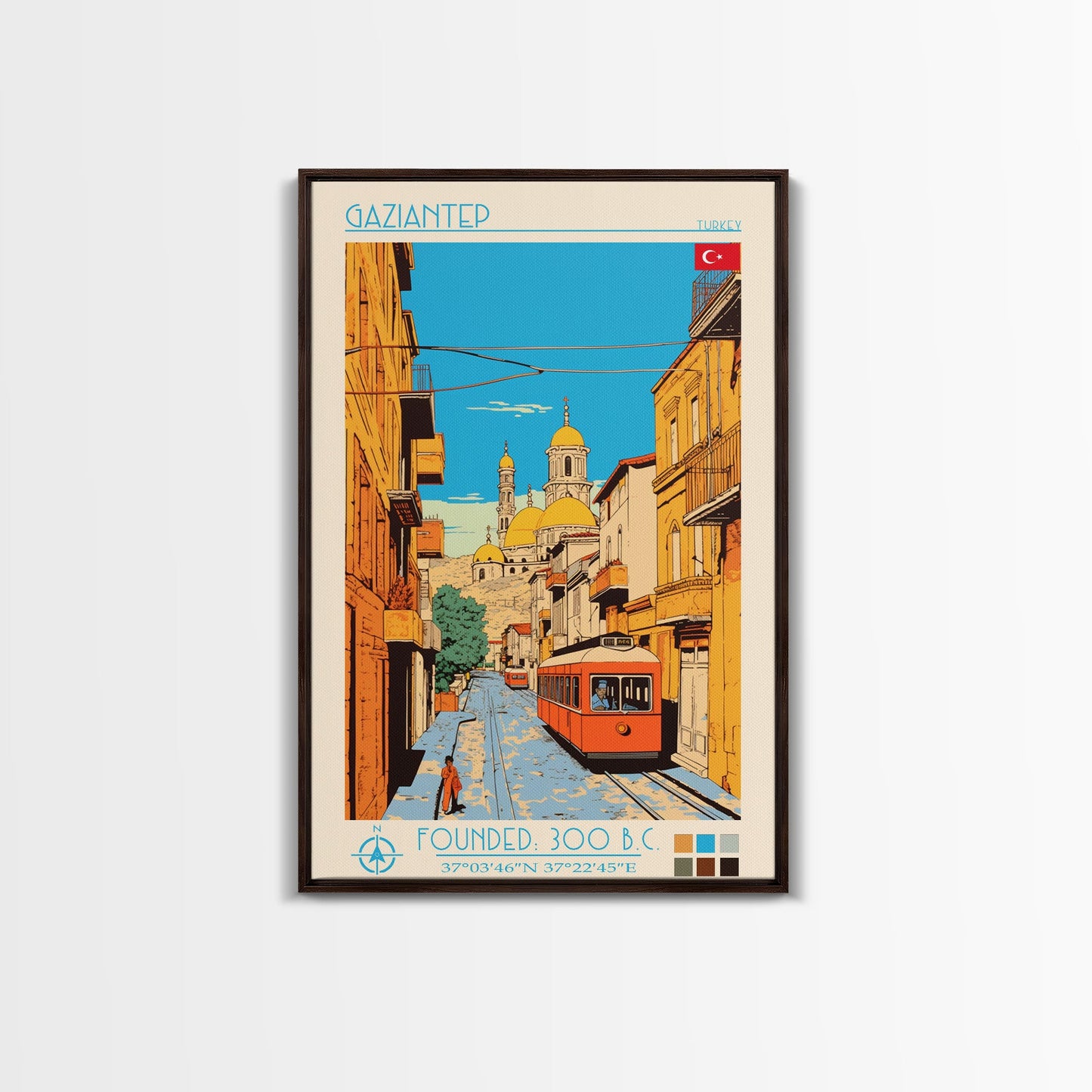 Gaziantep Turkey Travel Poster Framed Canvas Print, Midcentury Modern Art, Pop Art Wall Decor, Scenic Living Room Art, Bedroom Decor