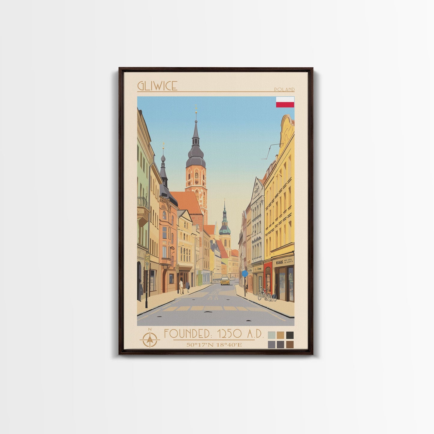 Gliwice Poland Travel Poster Framed Canvas Print, Midcentury Modern Art, Pop Art Wall Decor, Scenic Living Room Art, Bedroom Decor