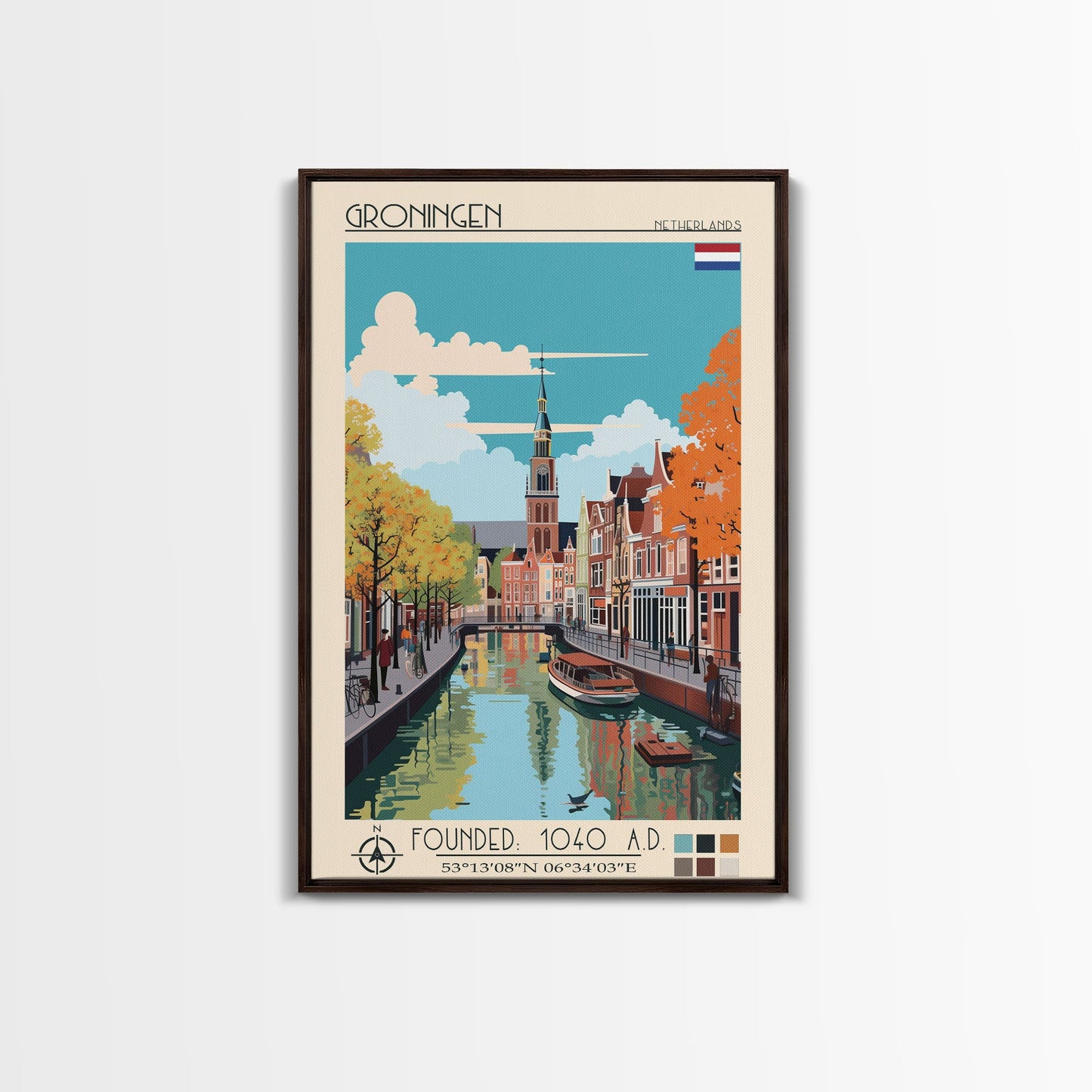 Groningen Netherlands Travel Poster Framed Canvas Print, Midcentury Modern Art, Pop Art Wall Decor, Scenic Living Room Art, Bedroom Gift