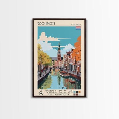 Groningen Netherlands Travel Poster Framed Canvas Print, Midcentury Modern Art, Pop Art Wall Decor, Scenic Living Room Art, Bedroom Gift