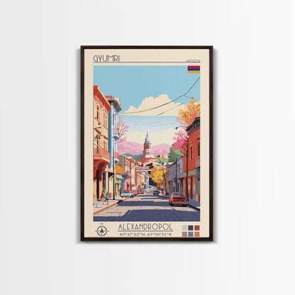 Gyumri Armenia Travel Poster Framed Canvas Print, Midcentury Modern Art, Pop Art Wall Decor, Home Decor, Vacation Gift, Bedroom Art
