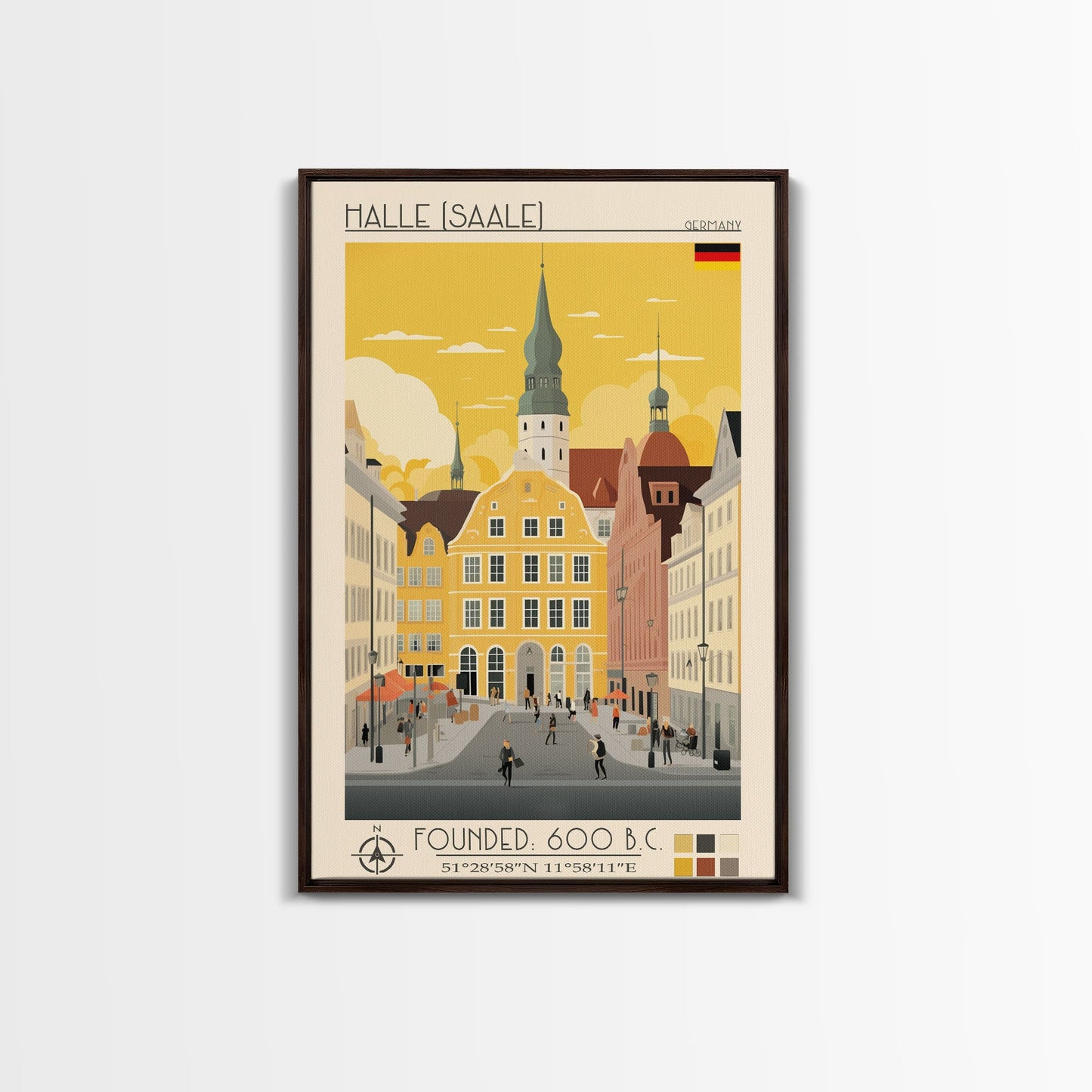 Halle Germany Travel Poster Framed Canvas Print, Midcentury Modern Art, Pop Art Wall Decor, Scenic Living Room Art, Bedroom Decor