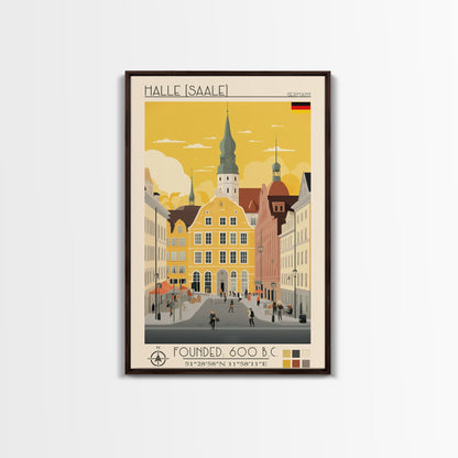 Halle Germany Travel Poster Framed Canvas Print, Midcentury Modern Art, Pop Art Wall Decor, Scenic Living Room Art, Bedroom Decor