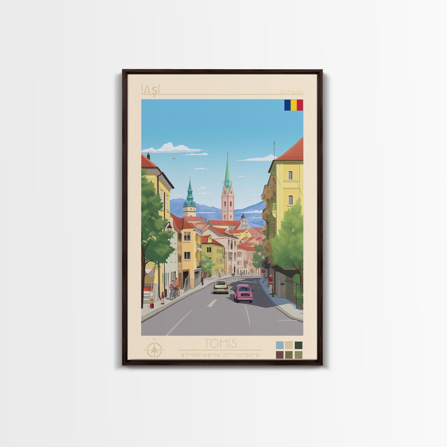 Iași Romania Travel Poster Framed Canvas Print, Midcentury Modern Art, Pop Art Wall Decor, Scenic Wall Art, Living Room Decoration, Office Gift