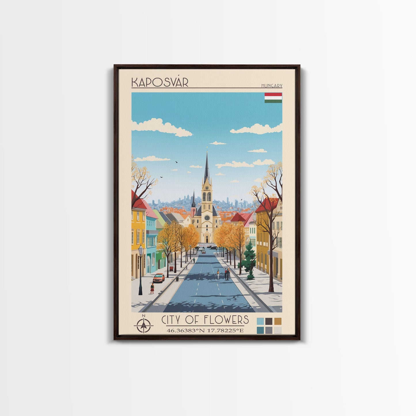 Kaposvár Hungary Travel Poster Framed Canvas Print, Midcentury Modern Art, Pop Art Wall Decor, Scenic Bedroom Art, Office Decoration