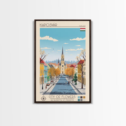Kaposvár Hungary Travel Poster Framed Canvas Print, Midcentury Modern Art, Pop Art Wall Decor, Scenic Bedroom Art, Office Decoration
