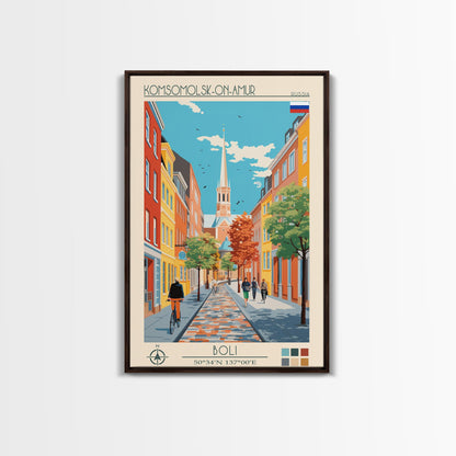 Komsomolsk on Amur Russia Travel Poster Framed Canvas Print, Midcentury Modern Art, Pop Art Wall Decor, Scenic Wall Art, Living Room Decoration, Office Art