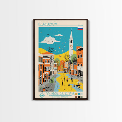 Korolyov Russia Travel Poster Framed Canvas Print, Midcentury Modern Art, Pop Art Wall Decor, Scenic Bedroom Art, Office Decoration