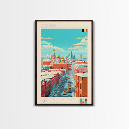 Kortrijk Belgium Travel Poster Framed Canvas Print, Midcentury Modern Art, Pop Art Wall Decor, Scenic Living Room Art, Bedroom Decor