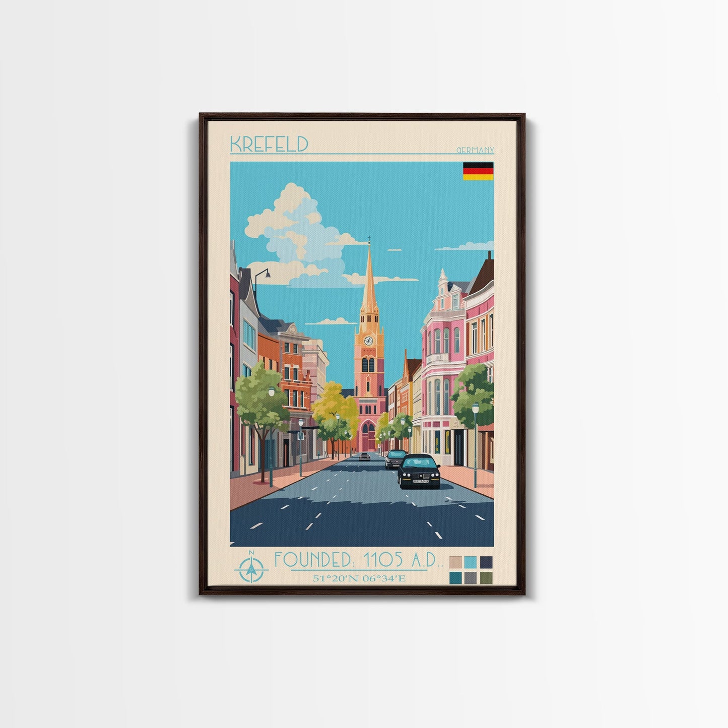 Krefeld Germany Travel Poster Framed Canvas Print, Midcentury Modern Art, Pop Art Wall Decor, Scenic Living Room Art, Bedroom Decor