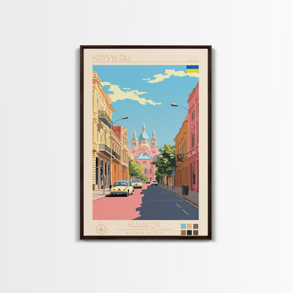 Kryvyi Rih Ukraine Travel Poster Framed Canvas Print, Midcentury Modern Art, Pop Art Wall Decor, Scenic Wall Art, Living Room Decoration, Office Art