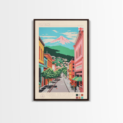 Kutaisi Georgia Travel Poster Framed Canvas Print, Midcentury Modern Art, Pop Art Wall Decor, Scenic Living Room Art, Bedroom Decor