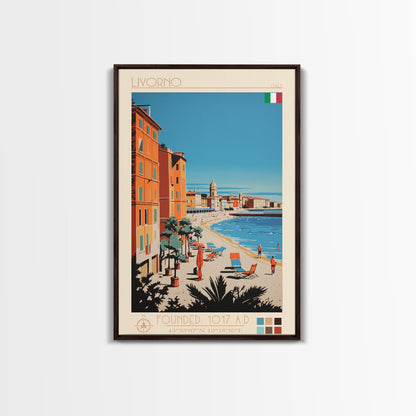Livorno Italy Travel Poster Framed Canvas Print, Wall Decor, Midcentury Modern Art, Pop Art, Scenic Art for Bedroom and Office