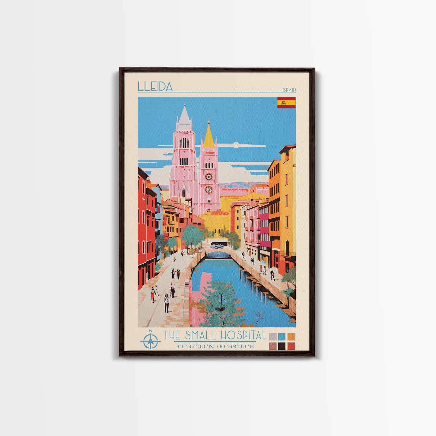 Lleida Spain Travel Poster Framed Canvas Print, Midcentury Modern Art, Pop Art Wall Decor, Scenic Art, Living Room and Office Gift