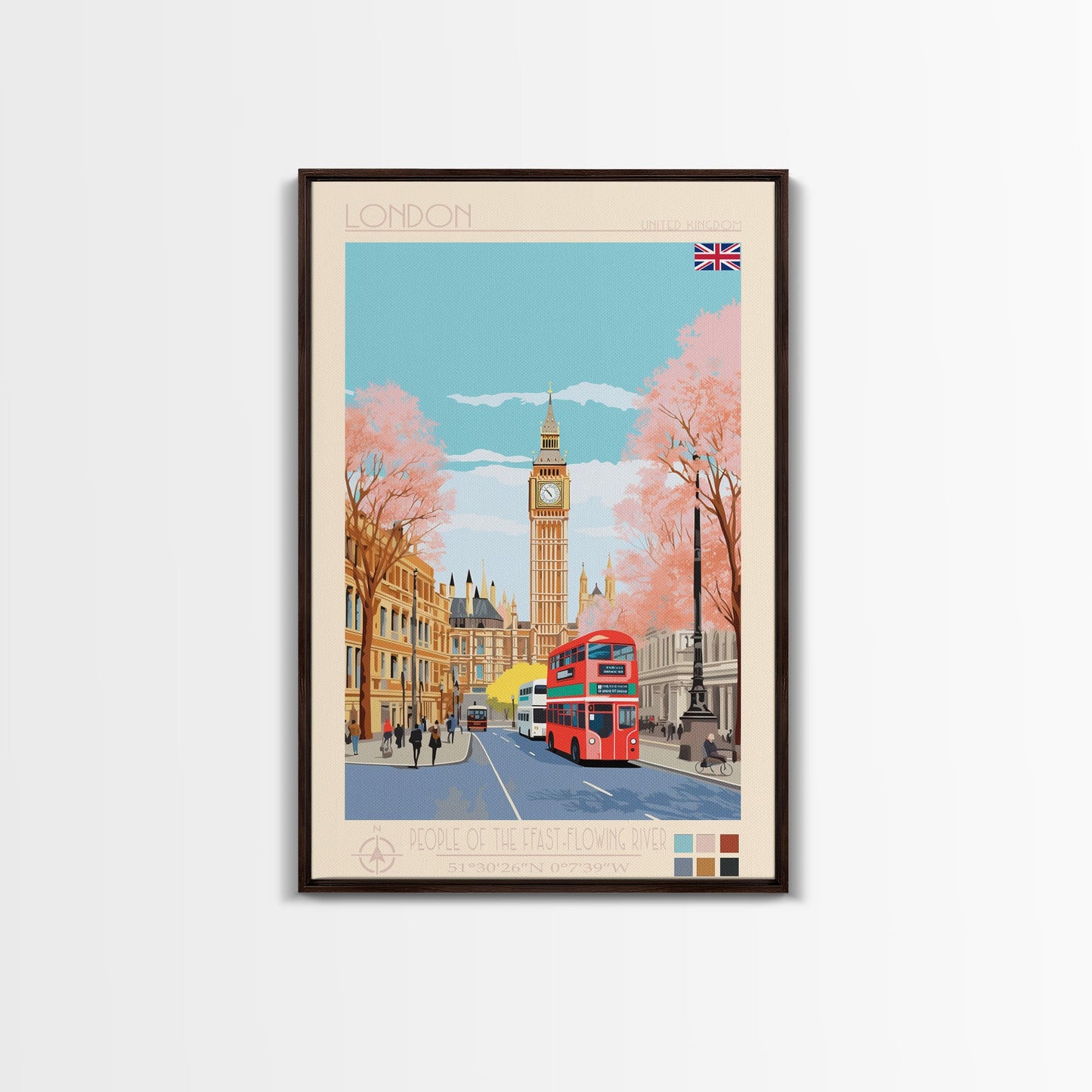 London United Kingdom Travel Poster Framed Canvas Print, Wall Decor, Midcentury Modern Art, Pop Art, Scenic Art for Office and Home