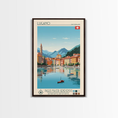 Lugano Switzerland Travel Poster Framed Canvas Print, Midcentury Modern Art, Pop Art Wall Decor, Scenic Art, Bedroom and Living Room Decor
