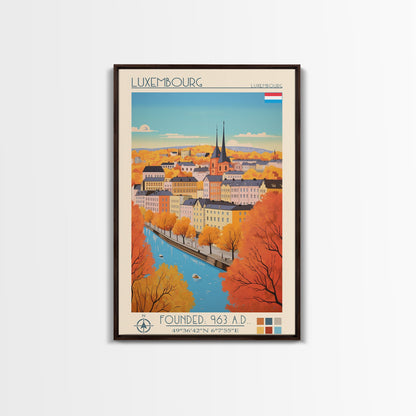 Luxembourg Luxembourg Travel Poster Framed Canvas Print, Midcentury Modern Art, Pop Art Wall Decor, Scenic Art, Bedroom and Living Room Decor
